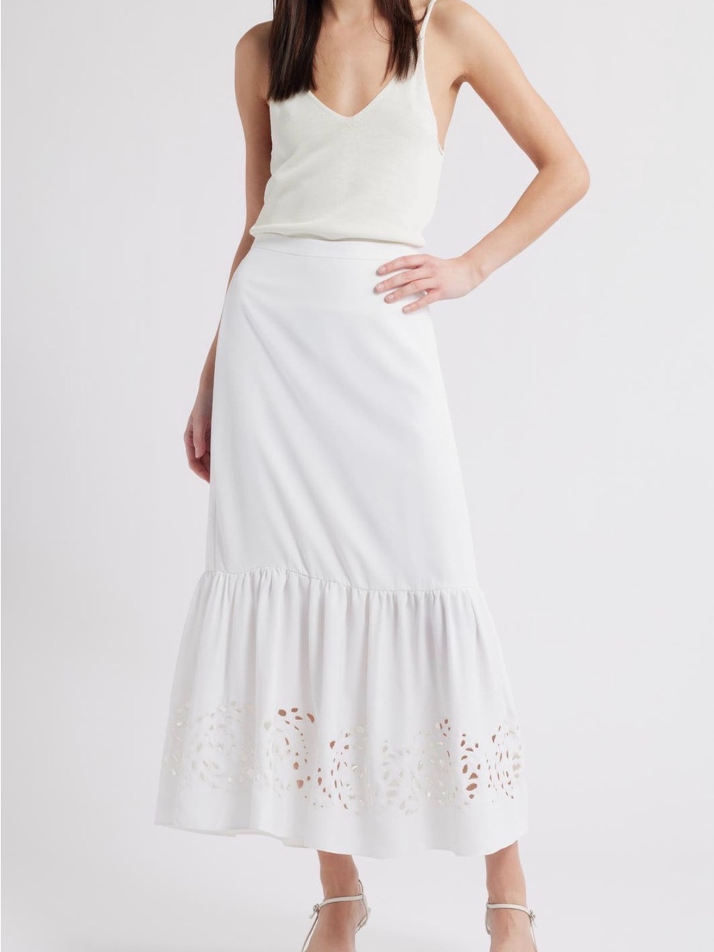 Halogen Eyelet White Midi A-Line Skirt with Laser-Cut Ruffle